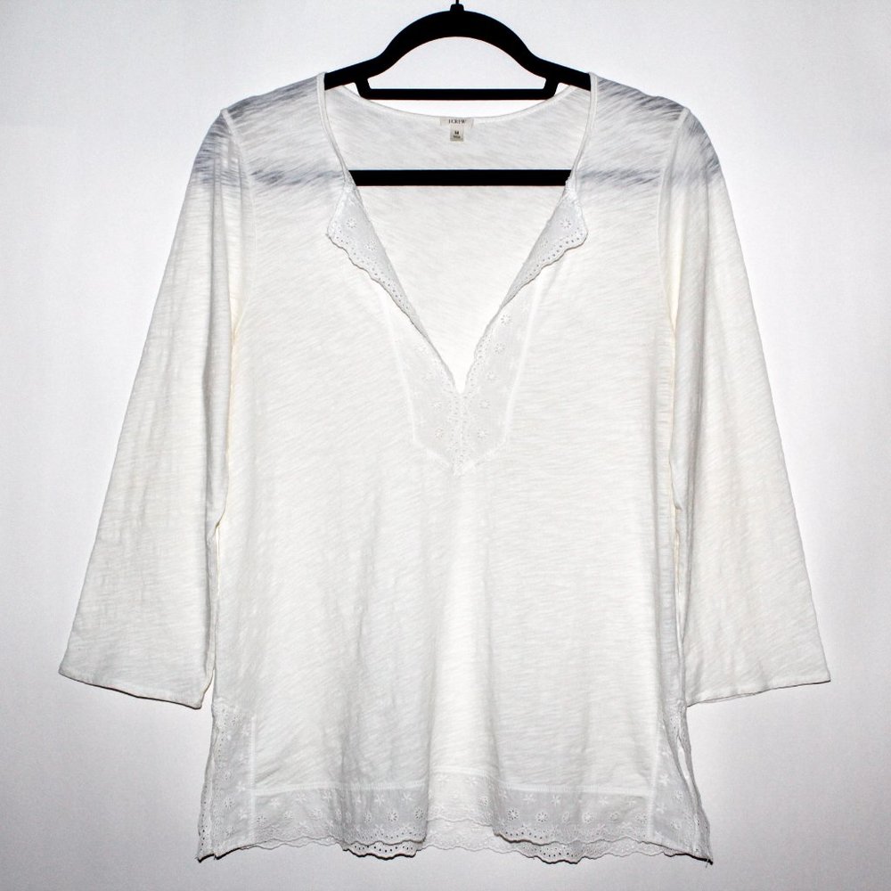 J. Crew Slub Cotton 3/4 Sleeve White Lace Trim Shirt